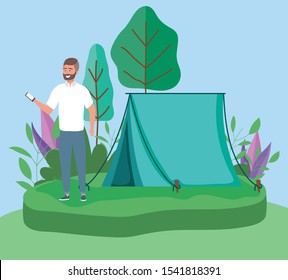 man with smartphone tent camping picnic forest vector illustration