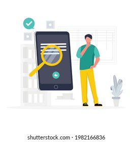 Hombre con un smartphone pensando delante para buscar información. Concepto de búsqueda web, moderna ilustración vectorial plana.