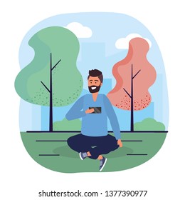 man with smartphone trechnology and seating with trees