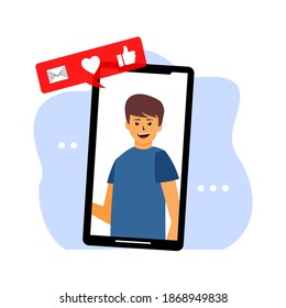 man in the smartphone and various icons on it