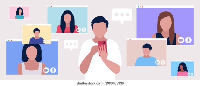 Man with smartphone. Video call to a friend, study online, business meeting. Colorful flat vector illustration.