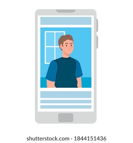 Mann am Smartphone im Video-Chat-Design, Online-Konferenz anrufen und Webcam-Thema Vektorgrafik