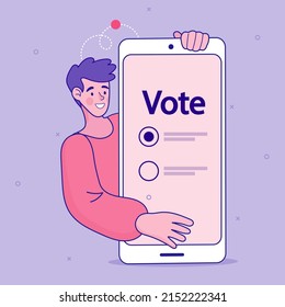 man with smartphone to vote electronically. Lady voting on mobile phone. Referendum or election. App for mobile electronic voting. Vector illustration