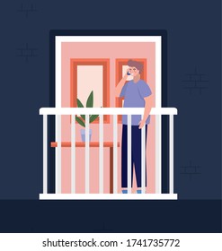 Mann mit Smartphone am Fenster blauen Gebäudedesign, Architektur und Quarantäne Thema Vector Illustration