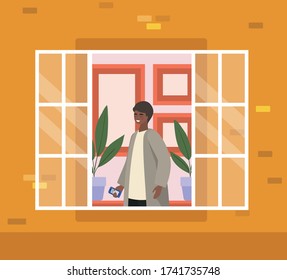 Man with smartphone at window of orange building design, Architecture and quarantine theme Vector illustration