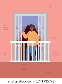Man with smartphone at window of pink building design, Architecture and quarantine theme Vector illustration