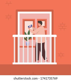 Man with smartphone at window of red building design, Architecture and quarantine theme Vector illustration