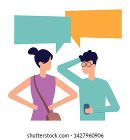 man with smartphone and woman talk bubble vector illustration