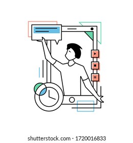 Man in smartphone works with applications. Modern linear flat illustrations.
