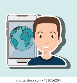 man smartphone world isolated icon design, vector illustration  graphic 