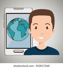 man smartphone world isolated icon design, vector illustration  graphic 