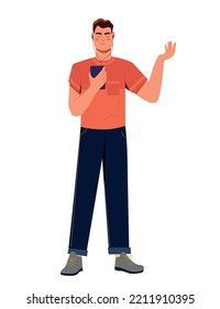Man with smartphone. Young guy listens to music. Character in headphones holds phone in his hand. Podcast and playlist. Sticker for social networks and messengers. Cartoon flat vector illustration