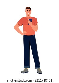 Man with smartphone. Young guy reads news on phone screen and smiles. Modern technologies and digital world. Addiction to gadgets, devices and social networks. Cartoon flat vector illustration