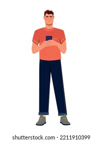 Man with smartphone. Young guy typing message on phone, communication and interaction on Internet. Sticker and reaction for messenger, poster or banner for website. Cartoon flat vector illustration