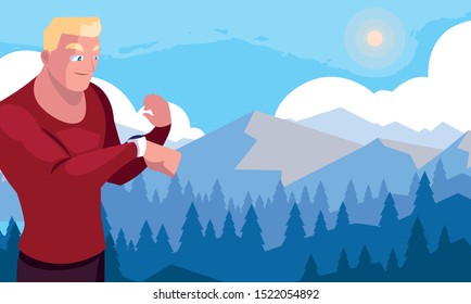 Man with smartwatch design, Wearable technology, media gadget, application multimedia or wireless theme. Vector illustration.