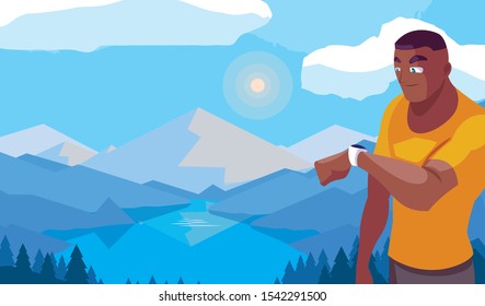 Man with smartwatch design, Wearable technology media gadget application multimedia and wireless theme Vector illustration