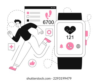 Man with smartwatch. Young guy runs and evaluates pulse. Fitness and sports, active lifestyle. Gadgets and devices. Jogging and marathon. Character running outdoor. Cartoon flat vector illustration