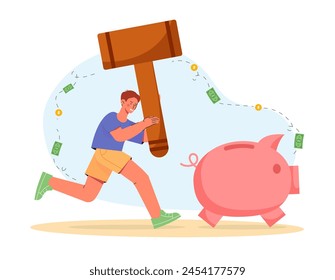 Man smash piggy bank. Guy with banknotes and golden coins. Financial literacy, budgeting and accounting. Investing and trading. Cartoon flat vector illustration isolated on white background