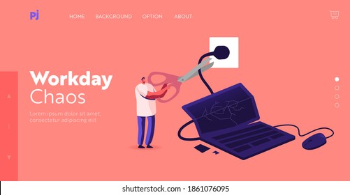 Man with Smashed Gadget Landing Page Template. Tiny Male Character Cutting Wire of Huge Laptop with Broken Screen with Splinters. Unlucky Situation, Negative Emotion. Cartoon Vector Illustration