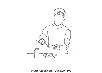 Man smearing bread with jam for breakfast. Eating breakfast concept one-line drawing