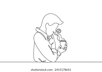 The man smells the coffee, but doesn't smell it. A man is puzzled by the loss of his sense of smell. Anosmia Awareness Day. Images produced without the use of any form of AI software at any stage. 