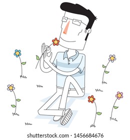 man smells a flower at the garden