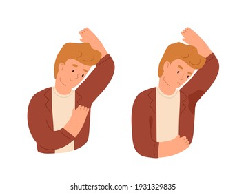Man with smelly and sweaty armpits and sweat odor. Person with hyperhidrosis. Good and bad smell from arm pits. Hygiene concept. Colored flat cartoon vector illustration isolated on white background