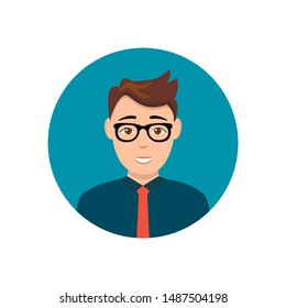 man with smile avatar. cute happy guy face flat icon in blue circle isolated on white. person character, avatar, operator, account. consulting, job online, internet. Call center. help line. Web design