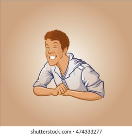 man with smile. Pin-up model. Pin-up man l. Pin-up boy in white skirt