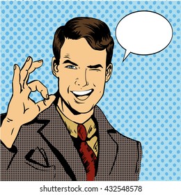 Man Smile And Shows OK Hand Sign With Speech Bubble. Vector Illustration In Retro Comic Pop Art Style. 