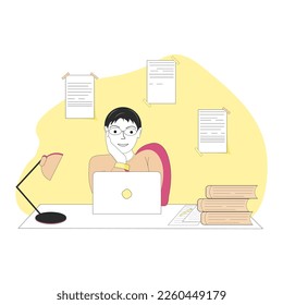 A man with a smile sits at a computer and looks at the screen. Home education. Online education. Computer work. Online courses. Template for the page. Flat illustration.