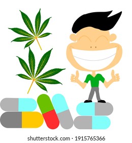 The man smiled on the capsule with a marijuana leaf on the side.