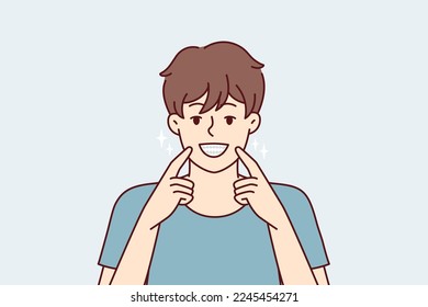 Man smiles broadly and shows off snow-white healthy teeth after going to dentist. Happy guy pointing fingers at mouth recommends good toothpaste for beaming smile. Flat vector illustration