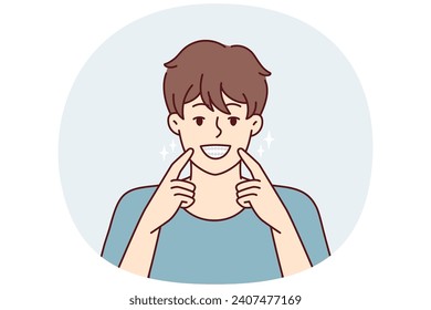 Man smiles broadly and shows off snow-white healthy teeth after going to dentist. Happy guy pointing fingers at mouth recommends good toothpaste for beaming smile. Flat vector illustration