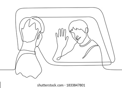 man smiles and waves his hand from the car window, another man looks at him. one line drawing concept of goodbye or greeting, departure, arrival, celebrity cheers to fan