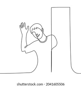 man smiles and waves his hand peeping out of the opened door - one line drawing. the concept of a benevolent greeting or goodbye 