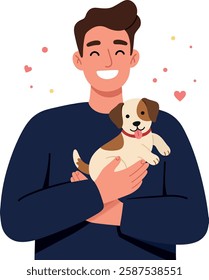 The man smiles while holding the puppy closely.