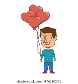 man smiling cartoon heart love balloons vector illustration