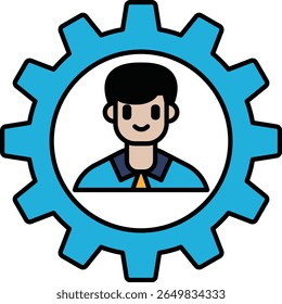 A man is smiling and is in the center of a blue circle. The circle is a gear and the man is the center of the gear