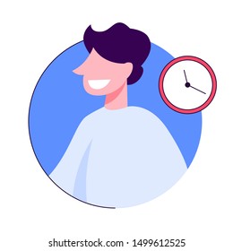 Man smiling, clock above. Time management and alarm concept. Male person waiting and make schedule. Isolated vector illustration in cartoon style