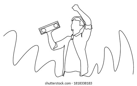Man smiling, dancing with wireless portable speaker in studio on white background. Music, dance concept.  T-shirt man enjoying and dancing at white background. 