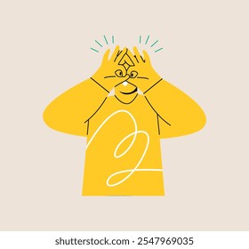 Man smiling doing ok sign with hands on eye looking through fingers. Colorful vector illustration
