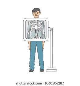 Man smiling during x-ray screening prodecure. Male character doing radiography scan. Happy patient skeleton health examination, checkup in clinic. Vector isolated background illustration