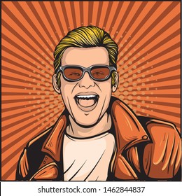 Man with smiling face and leather jacket. Cartoonized pop art comic style illustration