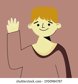 El hombre sonriendo y saludando muestra la mano sobre fondo marrón. caricatura personaje.diseño vector.