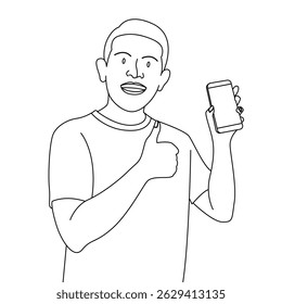 Un hombre sonriendo feliz mientras muestra la pantalla en blanco del teléfono móvil y haciendo un gesto de pulgares hacia arriba en él con el arte de la línea.