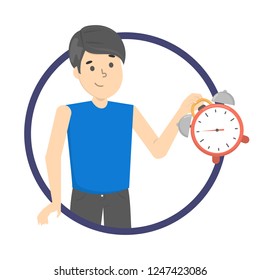 Man smiling and holding clock. Time management and alarm concept. Male person waiting and make schedule. Isolated flat vector illustration