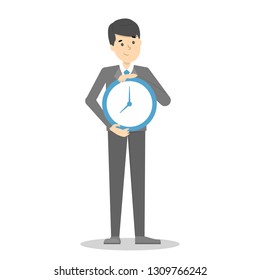 Man smiling and holding clock. Time management and alarm concept. Male person waiting and make schedule. Isolated vector illustration in cartoon style