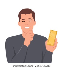 Man smiling holding gold bar for investment. Flat vector illustration isolated on white background