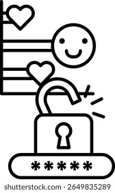 A man is smiling and holding a key in his hand. The key is on a lock, and there are several hearts around the man. Concept of happiness and accomplishment